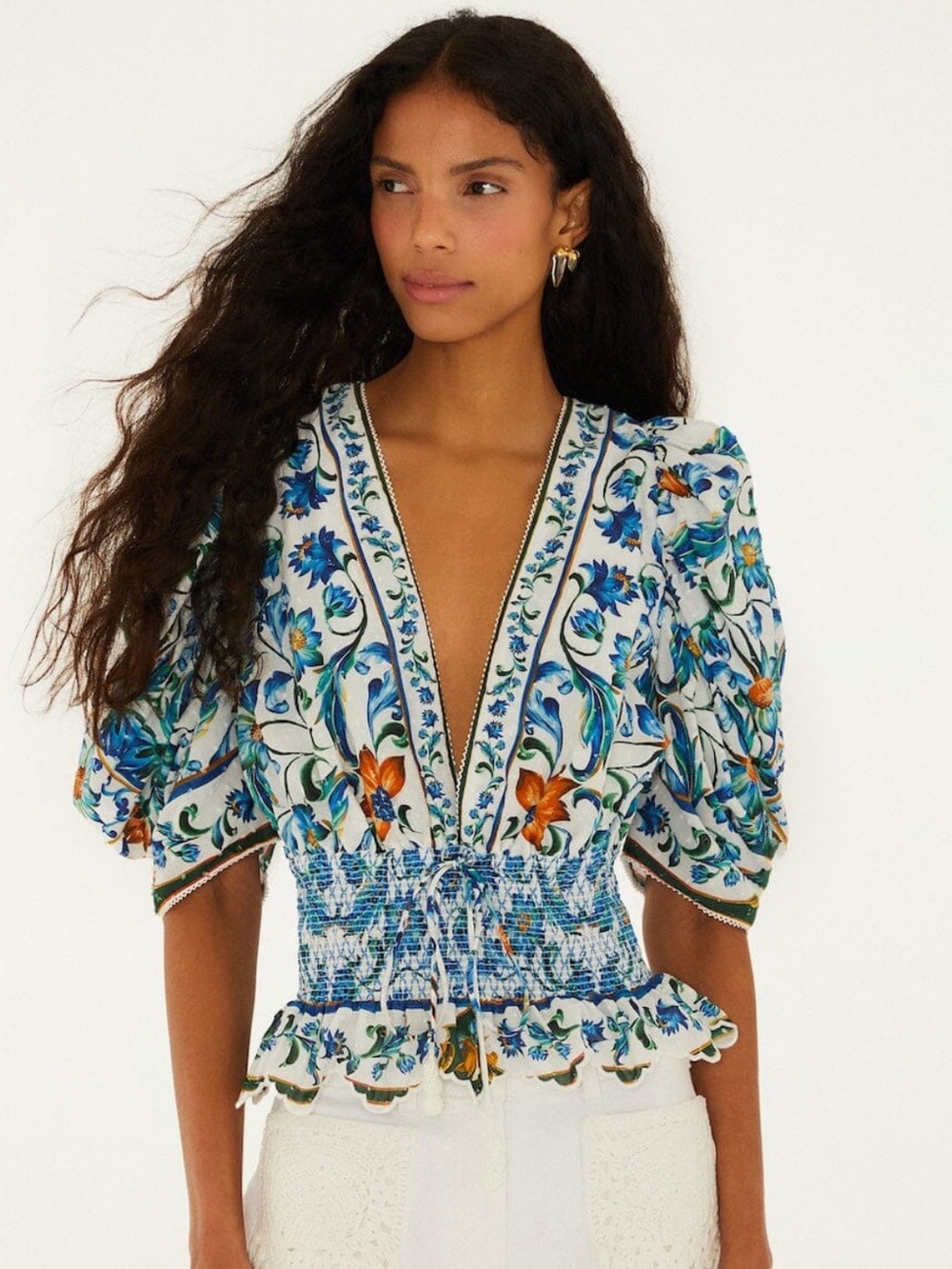 FARM Rio Off-White Flora Tile Smocked Blouse